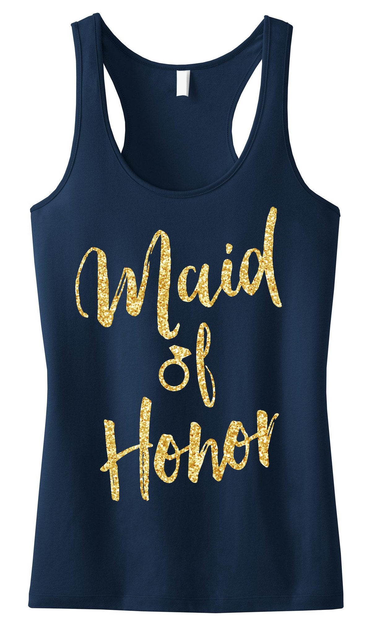 Maid of Honor Script Tank Top with Gold Glitter -